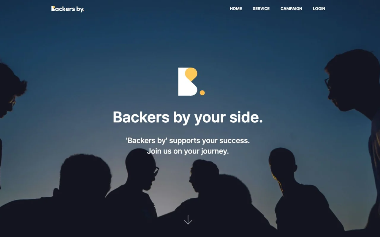 사람들의 실루엣과 Backers by your side 문구가 있는 Backersby 공식 웹사이트 캡처