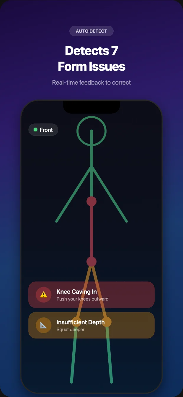 FormLab preview illustrating feedback for knee alignment and squat depth