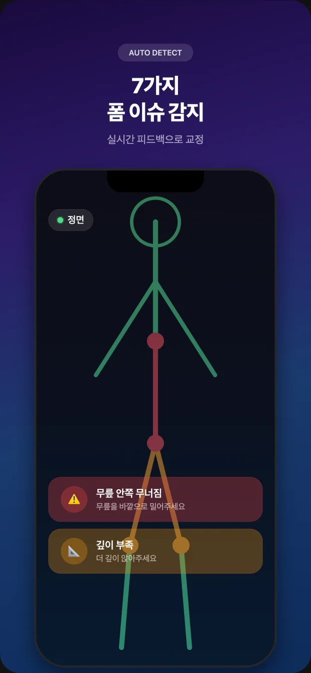 무릎 정렬과 스쿼트 깊이에 대한 자세 피드백을 설명하는 FormLab 미리보기
